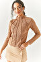 Women's Leopard Brown Piece High Collar Lycra Crop Blouse BLZ-19002398 - 4