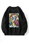 Women's Black Abstract Figure Printed Oversize Sweatshirt