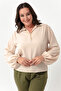 Women's Beige Long Sleeve Necklace Plus Size Blouse - 3