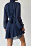 Lined Chiffon Fabric Sash Detailed High Collar Long Sleeve Navy Blue Evening Dress 071 - 2