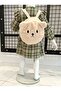 Plush Teddy Bear Backpack Gift Plaid Full Length Buttoned Girl's Green Winter Dress