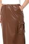 Plus Size Gather Detailed Slit Long Leather Brown Skirt with Waist and Pockets - 5