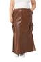 Plus Size Gather Detailed Slit Long Leather Brown Skirt with Waist and Pockets - 2