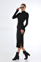 Black Ribbed Fitted Long Sleeve Slit Midi Dress - 4