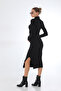 Black Ribbed Fitted Long Sleeve Slit Midi Dress - 2