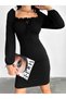 Women's Black U Neck Lace Detail Balloon Sleeve Twist Fabric Graduation Wedding Wedding Dress - 4