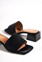 Capone Blunt Toe Single Strap Block Heeled Satin Labyrinth Patterned Black Women's Slippers - 4