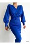 Women's Blue Balloon Sleeve Double Breasted Collar Detailed With Belt Scuba Fabric Graduation Wedding Wedding Dress - 3