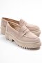 Capone Oval-Toe Track-Sole Suede Beige Women's Loafers - 2