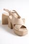 Capone Blunt Toe Cross Wide Strap Platform Heeled Beige Women's Sandals - 4