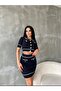 Women's Pearl Buttoned Knitwear Skirt Set Navy Blue - 3