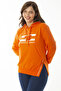 Women's Large Size Orange Stone and Print Detailed Hooded Sweatshirt with Side Slits 65N36867 - 3
