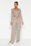 Bej Yumoş Crop ve Wide Leg/Geniş Paça Örme Alt Üst Takım TWOAW23AU00125 - 2