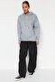 Gri Melanj Kalın İçi Polarlı Oversize/Geniş Kalıp Kapüşonlu Basic Örme Sweatshirt TWOAW24SW00103 - 4
