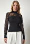 Women's Black Tulle Detailed Ribbed Knitted Blouse HJ00005 - 4