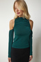 Women's Emerald Green Open Shoulder Detailed Knitted Blouse TO00107 - 3