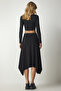 Women's Black Asymmetrical Cut Ribbed Knitted Skirt MC00227 - 6