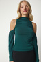 Women's Emerald Green Open Shoulder Detailed Knitted Blouse TO00107 - 4
