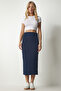 Women's Navy Blue Slit Corded Knitted Pencil Skirt MC00230 - 3