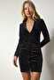 Women's Black Gathered Mini Velvet Dress UB00190 - 2
