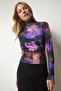Women's Purple Black Draped High Collar Sandy Blouse FF00138 - 4