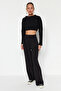 Siyah Cırt Cırt Kapamalı Yüksek Bel Pileli Wide Leg/Geniş Kesim Örme Pantolon TWOAW24PL00177 - 13