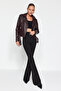 Siyah Yüksek Bel Flare/İspanyol Paça Örme Pantolon TWOAW24PL00164