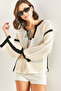 Women's Ecru Black Openwork Collar Tie-Up Knitwear Sweater 20234914 - 3