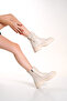 WOMEN'S BEIGE BAG BUCKLE DETAILED SIDE ZIPPER LACE-UP BOOTS POSTAL