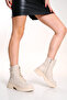 WOMEN'S BEIGE BAG BUCKLE DETAILED SIDE ZIPPER LACE-UP BOOTS POSTAL - 3