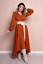 Cinnamon Asymmetrical Cut Cream Faux Belt Accessory Long Sleeve Double Breasted Pattern Dress