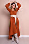 Cinnamon Asymmetrical Cut Cream Faux Belt Accessory Long Sleeve Double Breasted Pattern Dress - 4