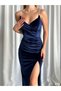 Women's Strappy Detailed Long Slit Evening Velvet Dress Navy Blue