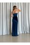 Women's Petrol Blue Stone-Strap Slit Velvet Formal Dress Engagement Wedding Graduation Dress - 5