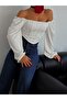 Women's White Square Neck Striped Long Balloon Sleeve Scuba Fabric Cropped Blouse - 3