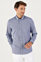 Men's Navy Blue Slim Fit Narrow Cut Oxford Button Collar Gingham Cotton Shirt - 3