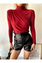Women's Red Stand Collar Sandy Fabric Gathered Detailed Blouse - 5