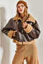 Women's Brown Fur Leather Coat with Side Pockets 40941022 - 4