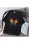 Rainbow Butterfly Printed Black Unisex Oversize T-Shirt - 2