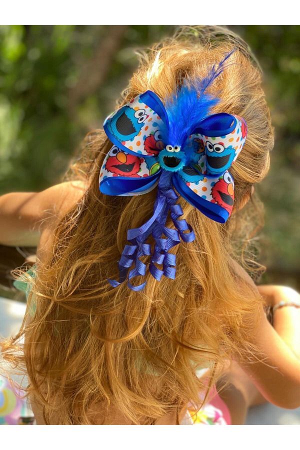 QUEEN AKSESUAR-Trend Moda Sesame Street Navy Blue Elmo Feather Bow School Buckle with Metal Clip 1