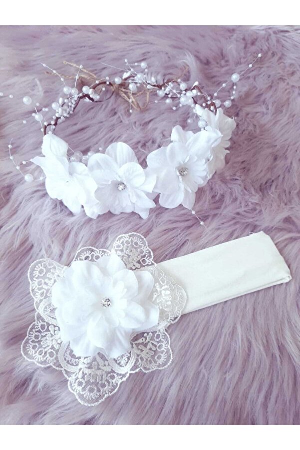 Şeker Tadında Tasarımlar Anne Bebek Lohusa Taç Seti Dantelli – Beyaz