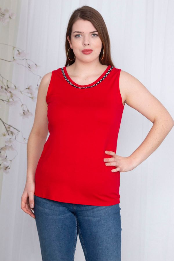 Şans-Women's Large Size Red Collar Detailed Sleeveless Blouse 65n23587 1