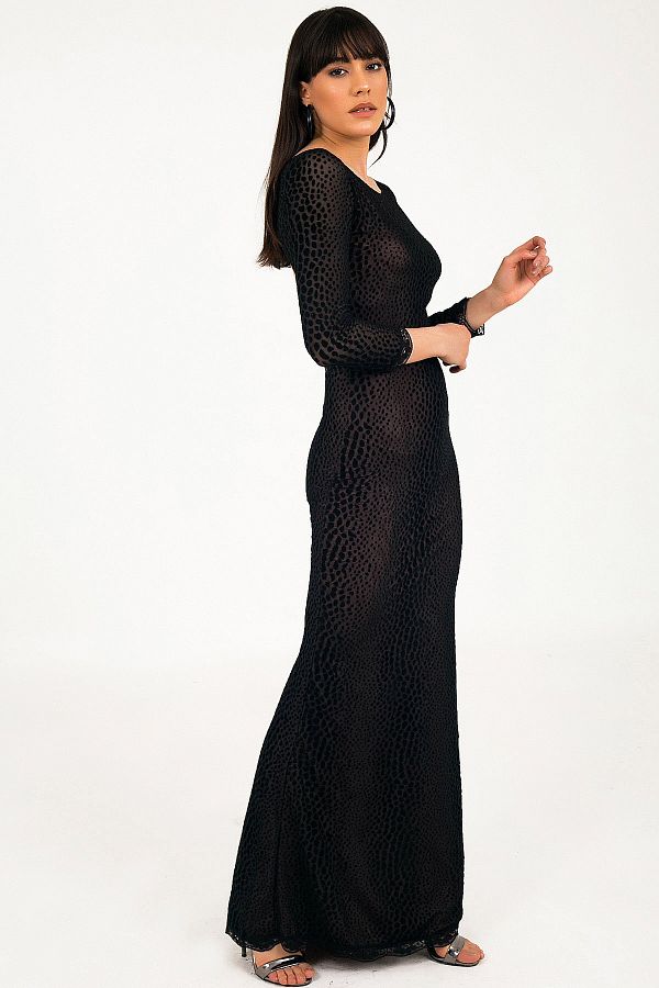 Ottawe Tulle Hooded Snakeskin Look Long Evening Dress with Round Neck and Back Cutout Detail Trendyol