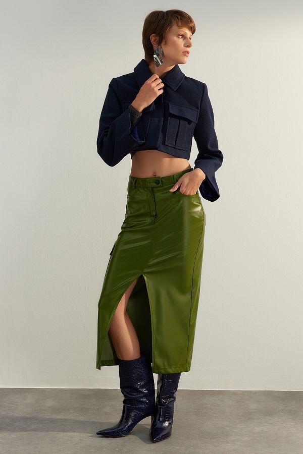 Faux leather khaki skirt new arrivals
