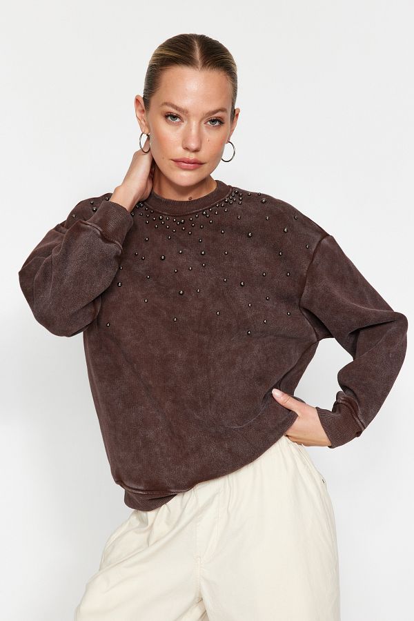 Trendyol Collection-Καφέ αντίκα/παλό εφέ χοντρό μαργαριτάρι φλις Λεπτομερές κανονικό πλεκτό φούτερ TWOAW24SW00152 1