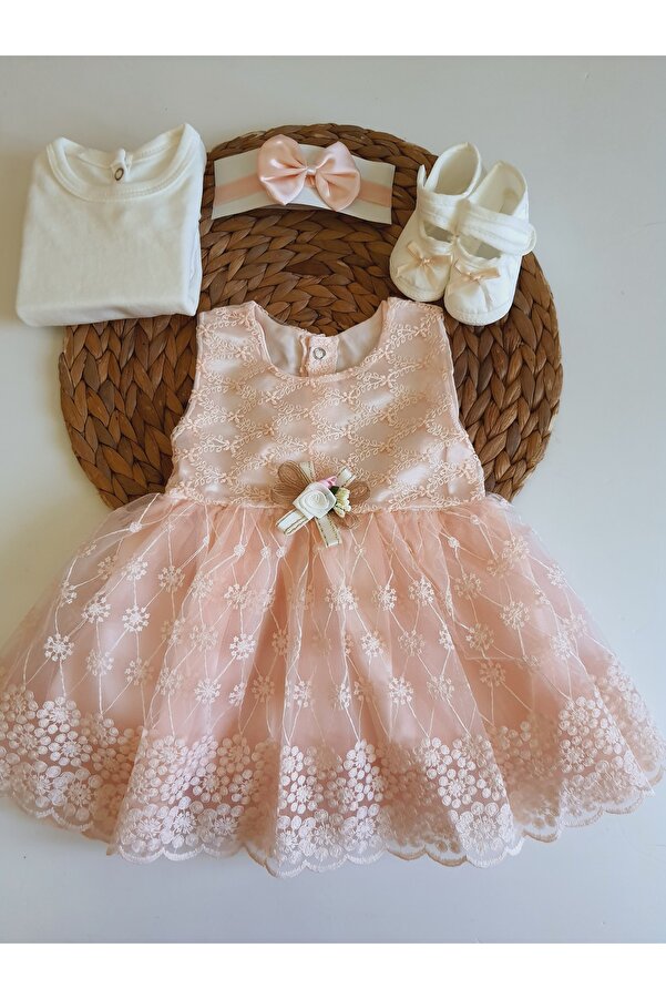 PİLEKİ BABY Kız Bebek 4 Parça Yenidoğan 0 4 Ay Gelinlik Prenses Elbise Mevlütlük Set Dantel Gelinlik