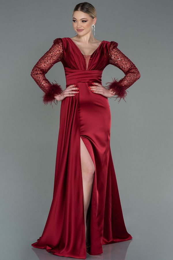Abiyefon-Rochie de seara din satin cu paiete burgundy cu maneci lungi - cu fanta, ABU3080 1