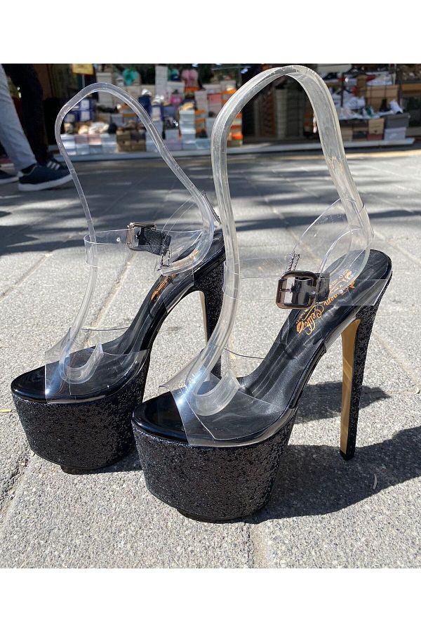 Afilli Women s Black Glitter Shiny Single Transparent Strap Platform Thick Thin High Heel Heeled Shoes