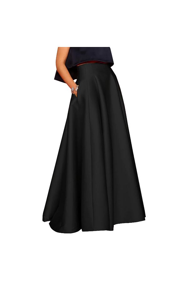 NSM Women s Black High Waist Maxi Long A line Pleated Satin Skirt with Pockets Trendyol