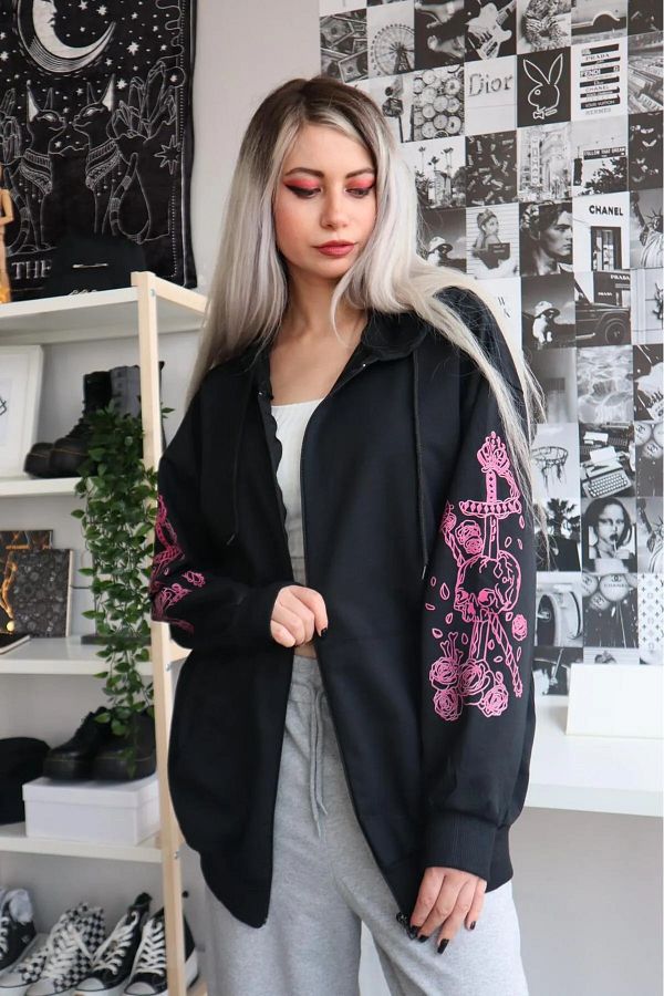 Gofeel Harajuku Hooded Cross Skull Printed Zippered Black Oversize Cardigan Streetwear Trendyol
